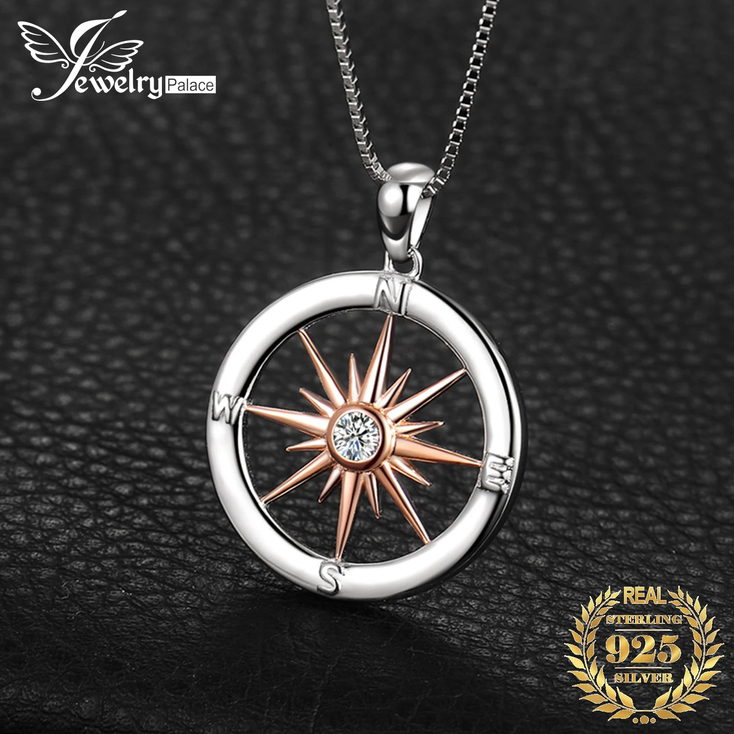 JewelryPalace Sun Star Compass Circle 925 Sterling Silver Rose Gold Pendant Necklace Women Round Cubic Zirconia Pendant No Chain