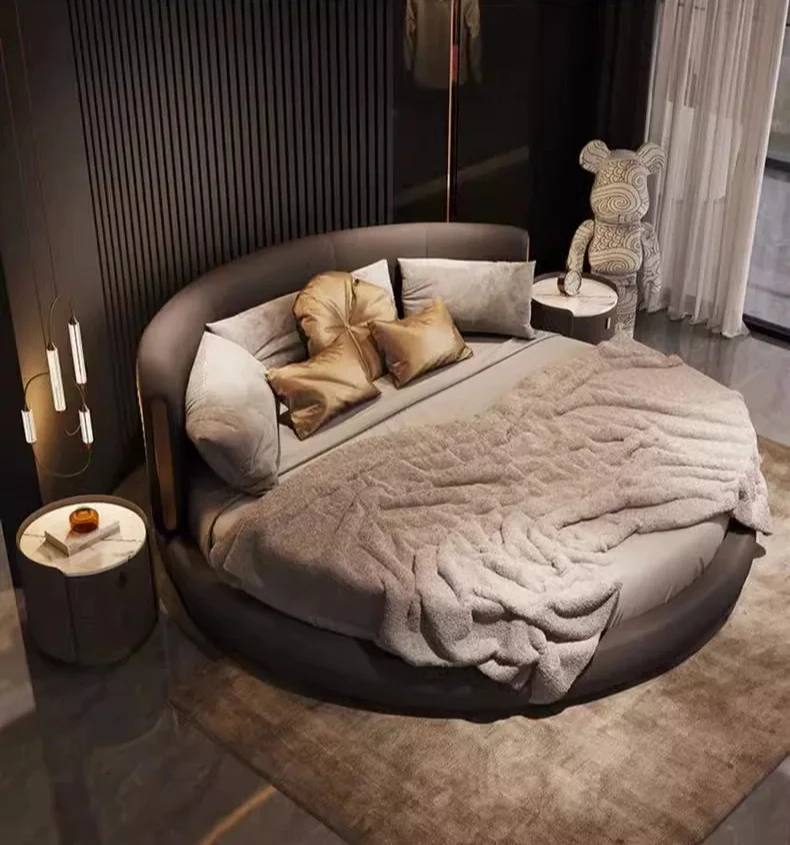Leather large round bed modern light luxury double bed luxury atmosphere master bedroom marriage bed