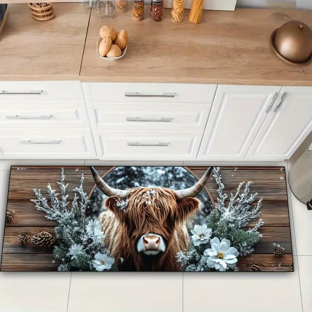 Highland Cows and Flowers Pattern Mat Non-Slip Kitchen Mat, Fashionable Home Decor for Living Rooms, Bedrooms, Hallway Entrances