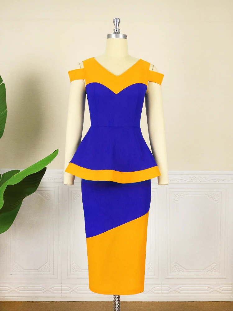 AOMEI patchworkowa sukienka Bodycon Party zimno ramię Color Block kobiety Peplum krótki rękaw, dekolt V elegancki afryki lato biurowa, nowa