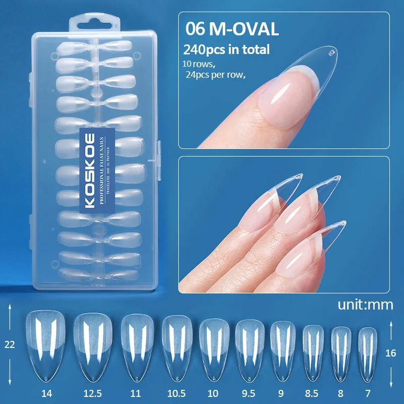 Artificial Acrílico Francês Unhas Falsas Patches, Patches Scarless, Caixão Removível, Amêndoa Prego Falso, Salon Unhas Tablets, 240Pcs por Caixa