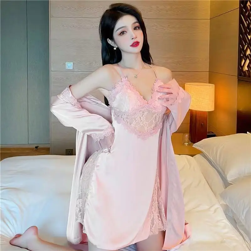 Sex Appeal Pajamas Female Summertime Breast Pad Lace Ice Silk Nightdress Set Night Gown Spring and Autumn Payment traf