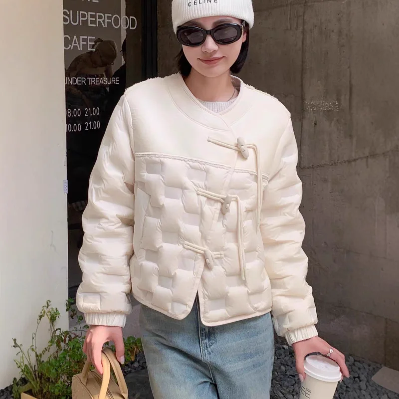 Jaqueta fina para mulheres, novo estilo de inverno, gola redonda, leve, patchwork, versátil, jaqueta curta elegante