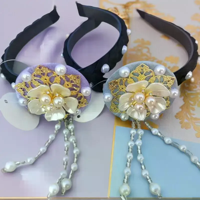 Diadema coreana con perlas y flores, diadema Hanbok, borlas a la moda, tocado tradicional, aro para el pelo para baile en escenario para mujer