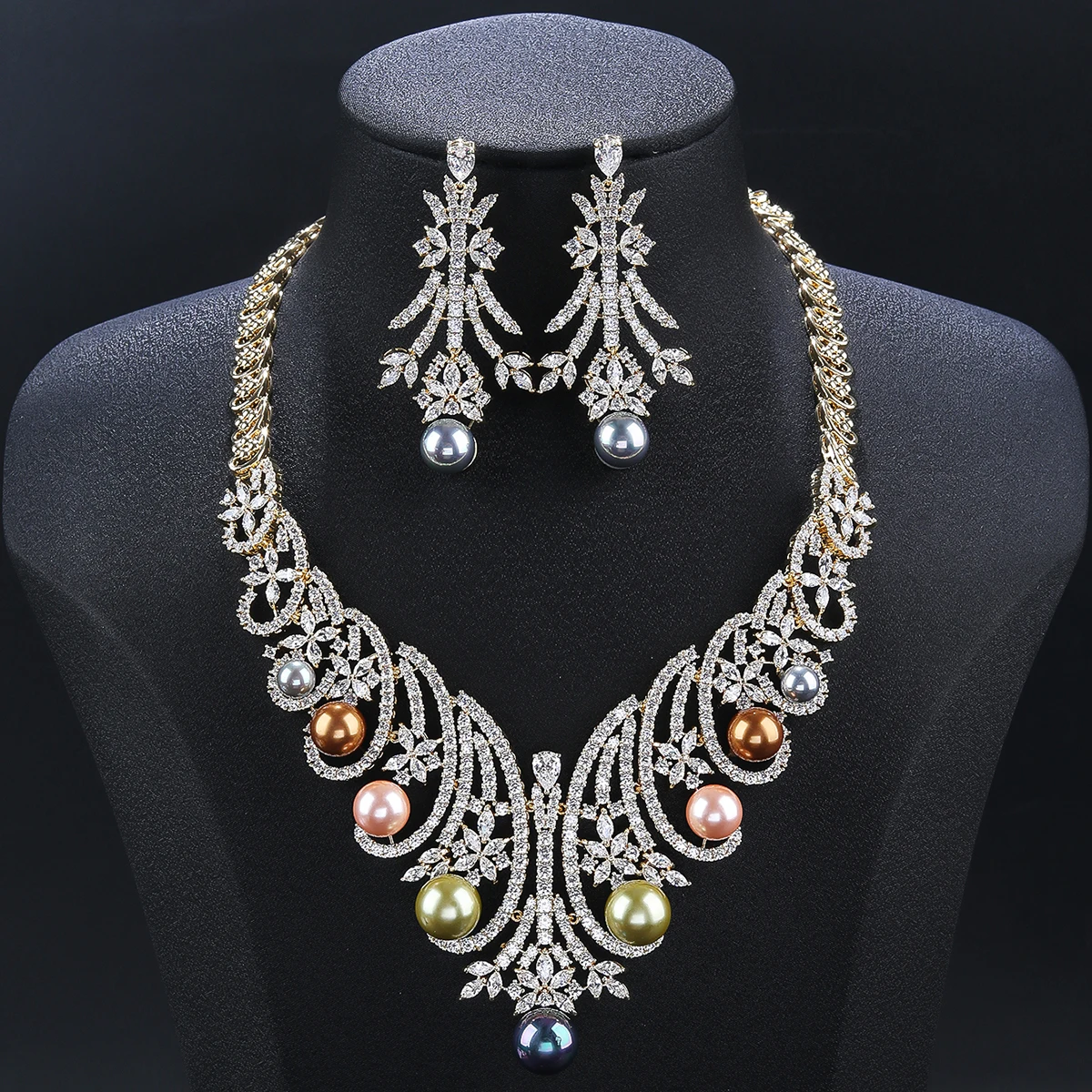 Luxury Cubic Zirconia Statement Necklace for Women Pearl Colors Bridal Wedding Jewelry Sets Elegant Accessory CN11251