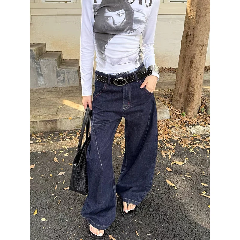 

ZHIZOU Blue Womens Jeans High Waist Baggy Casual Vintage Y2K Trend Straight Cargo Pants Street American Wide Leg Denim Trouser