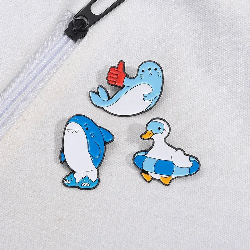 Marine Creatures Shark Otter Enamel Pins Swimming Duck Gloves Slippers Animal Brooches Lapel Badge Jewelry Gift for kids Friends