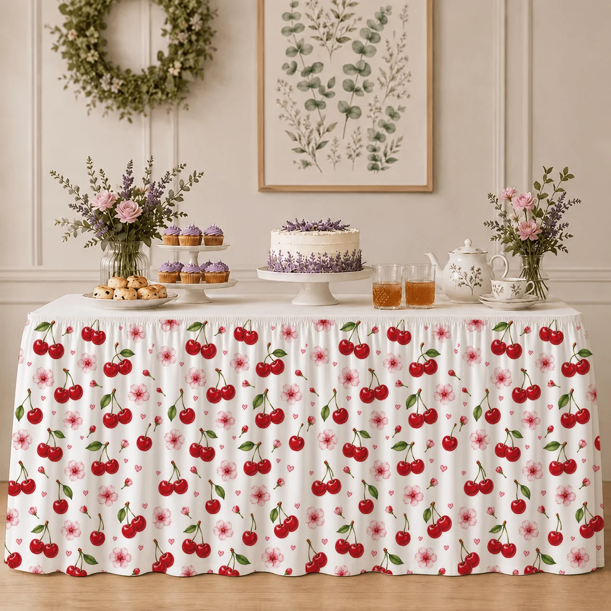 Red cherry fruit flower print polyester table circumference