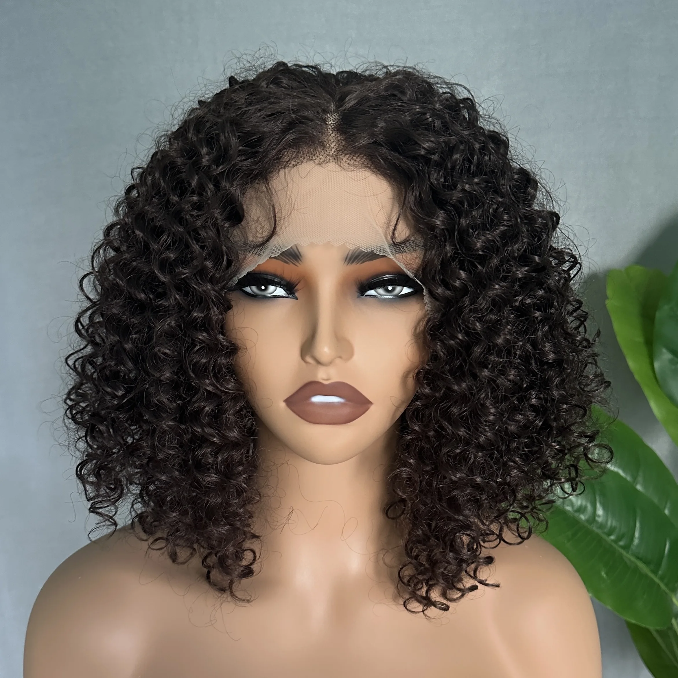 

X-TRESS 14 Inch Soft Natural Synthetic Wig 130% Density Brown Afro Kinkly Curly Middle Part Wig With Bangs for Black Women Daily