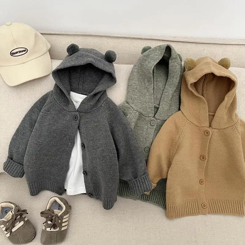 

Новинка осени 2024, детское пальто с капюшоном и длинными рукавами, куртка с милыми медвежьими ушками для мальчиков и девочек, детский хлопковый вязаный кардиган, детская повседневная одежда
