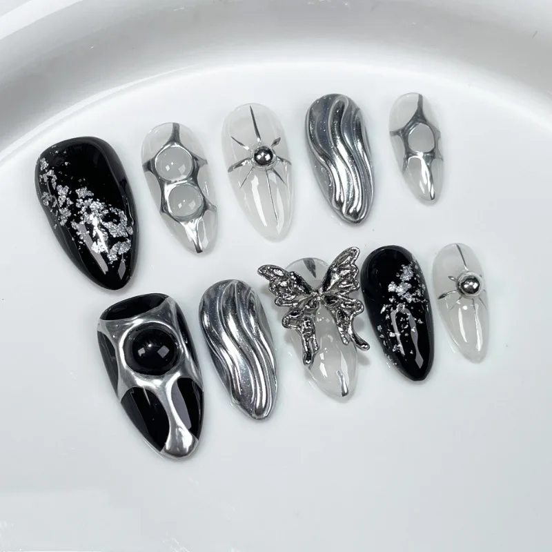 Handmade 3D Borboleta Pregos Postiços, Simples Metal Almond, Preto Prata, Y2K, Pressione nas unhas com encantos, Acrílico Nail Art Tips, 10pcs