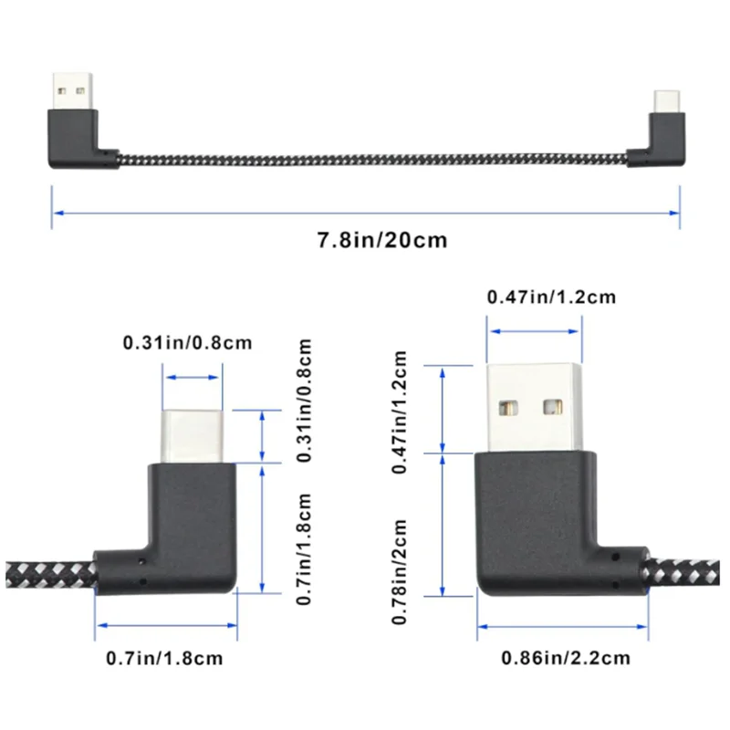 For Power Bank Mobile Phone Tablet Type-c Male Connector 90 Degree to USB Male Connector Left and Right Corner 3A Cable