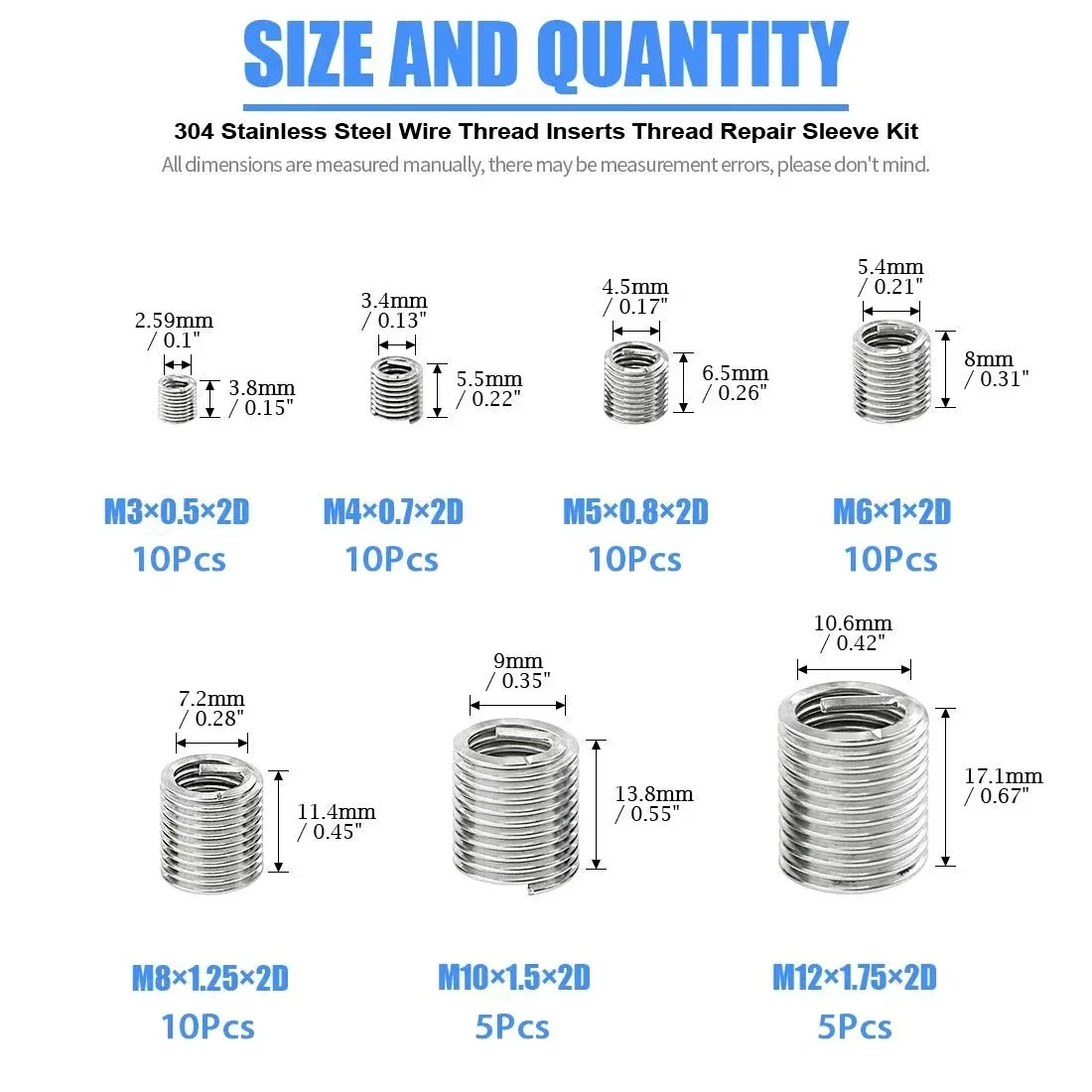 M3 M4 M5 M6 M8 M10 M12 Fastening Thread Insert 60Pcs Wire Thread Insert Stainless Steel Spiral Wire Screw Sleeve Wear Repair Kit