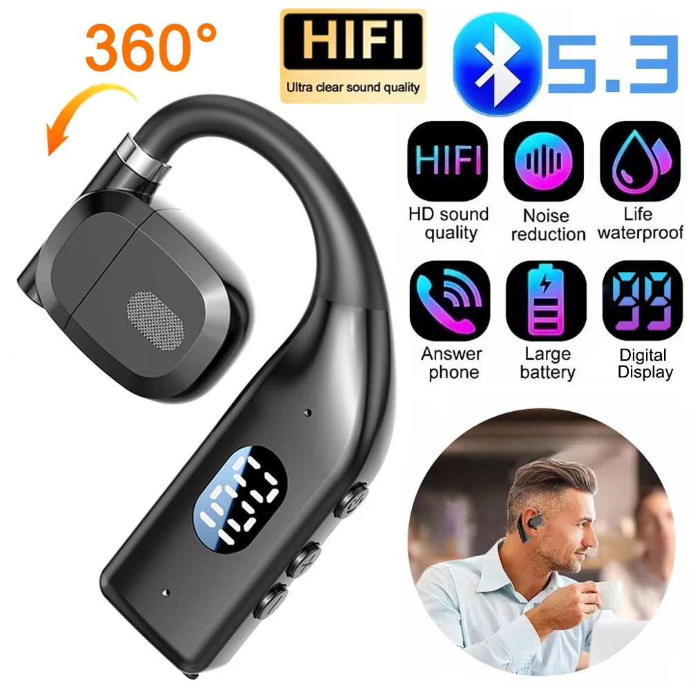 Wireless Bluetooth Headphones LED Display Single Ear Air Conduction Earphones Hands-Free Noise-Canceling Earbuds for Driving