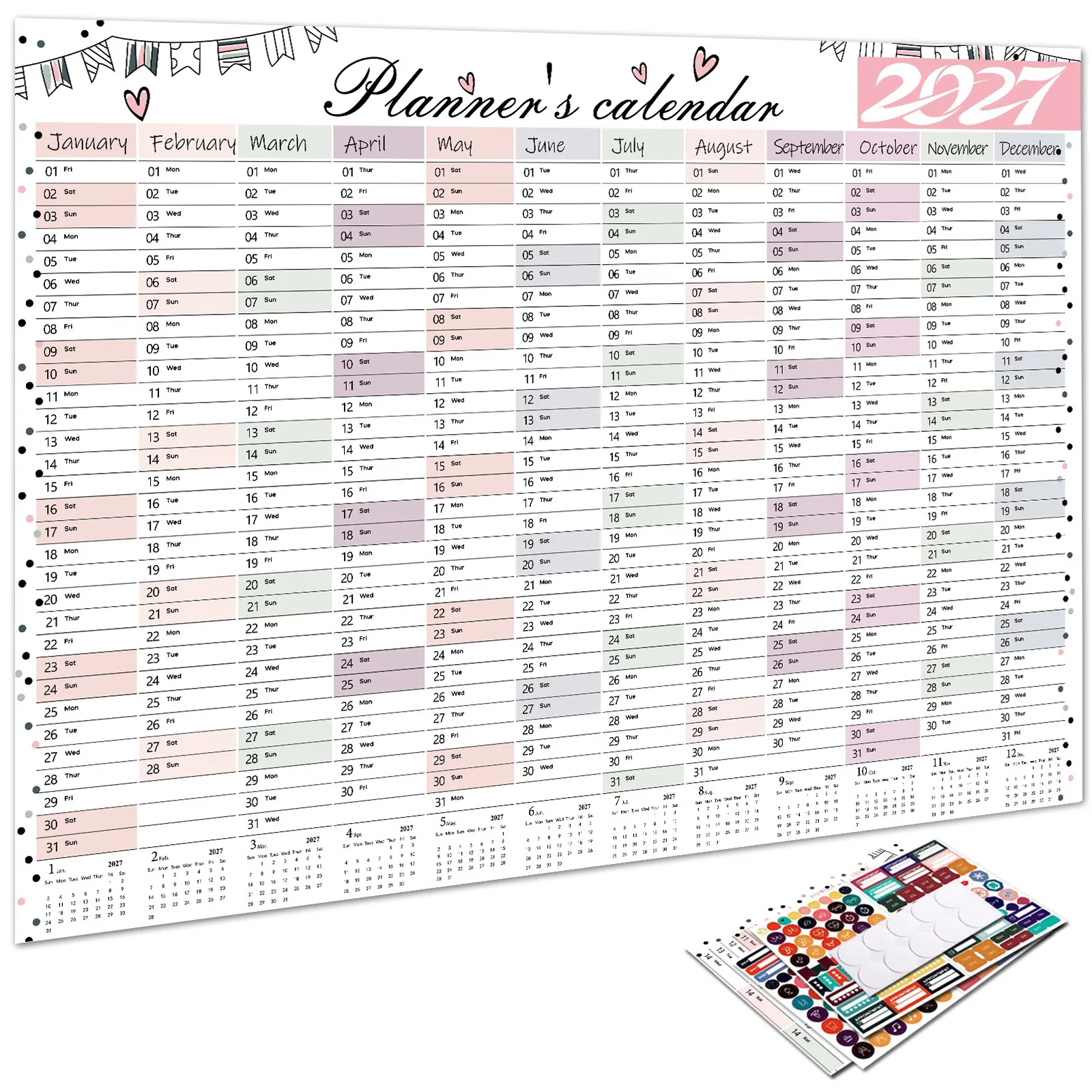Calendar Wall 2027 New Yearly Daily Schedule Planner Sheet Paper 365 Day Plan Annual Hanging Planning Weekly Agenda Pad Month 12