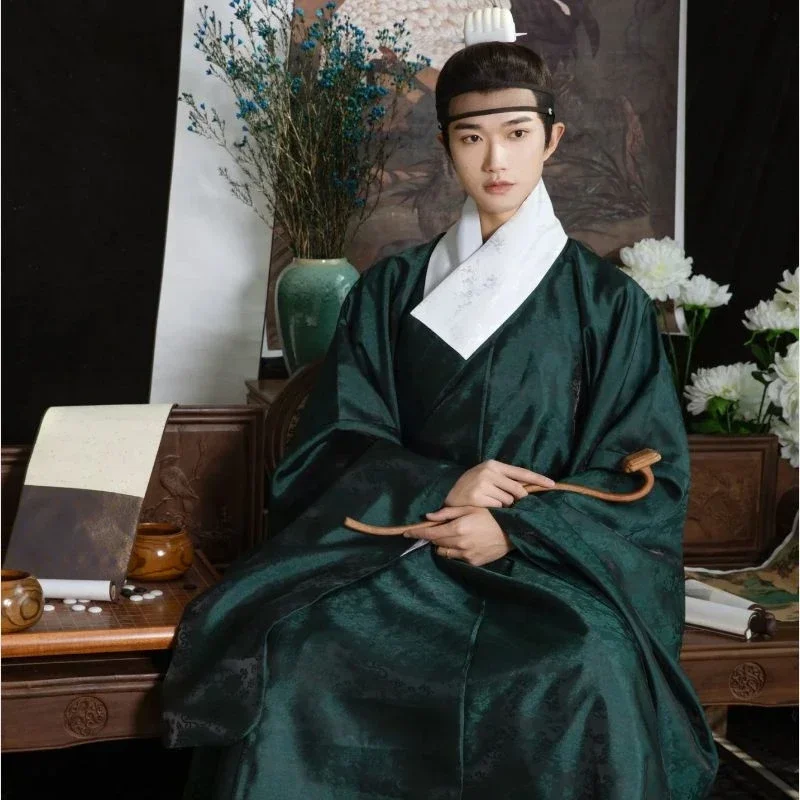 Chinese Traditional Costume Set Chinese Ming Dynas Ming Hanfu Lotus Jacquard Dark Pattern Yarn Wide Sleeve Daoist Robe Men Hanfu