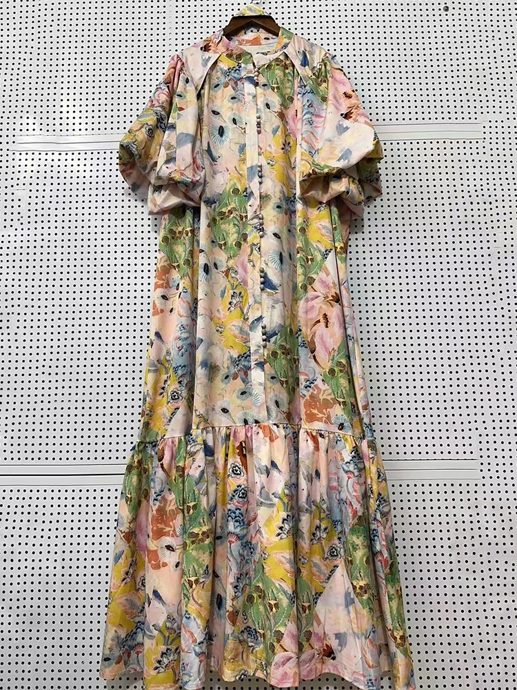 Übergröße Damenkleidung Retro Geometrischer Druck Gürtelkleid mit Langen Kurzen Ärmeln Mode Locker Sitzender Smock-Hemdkleid