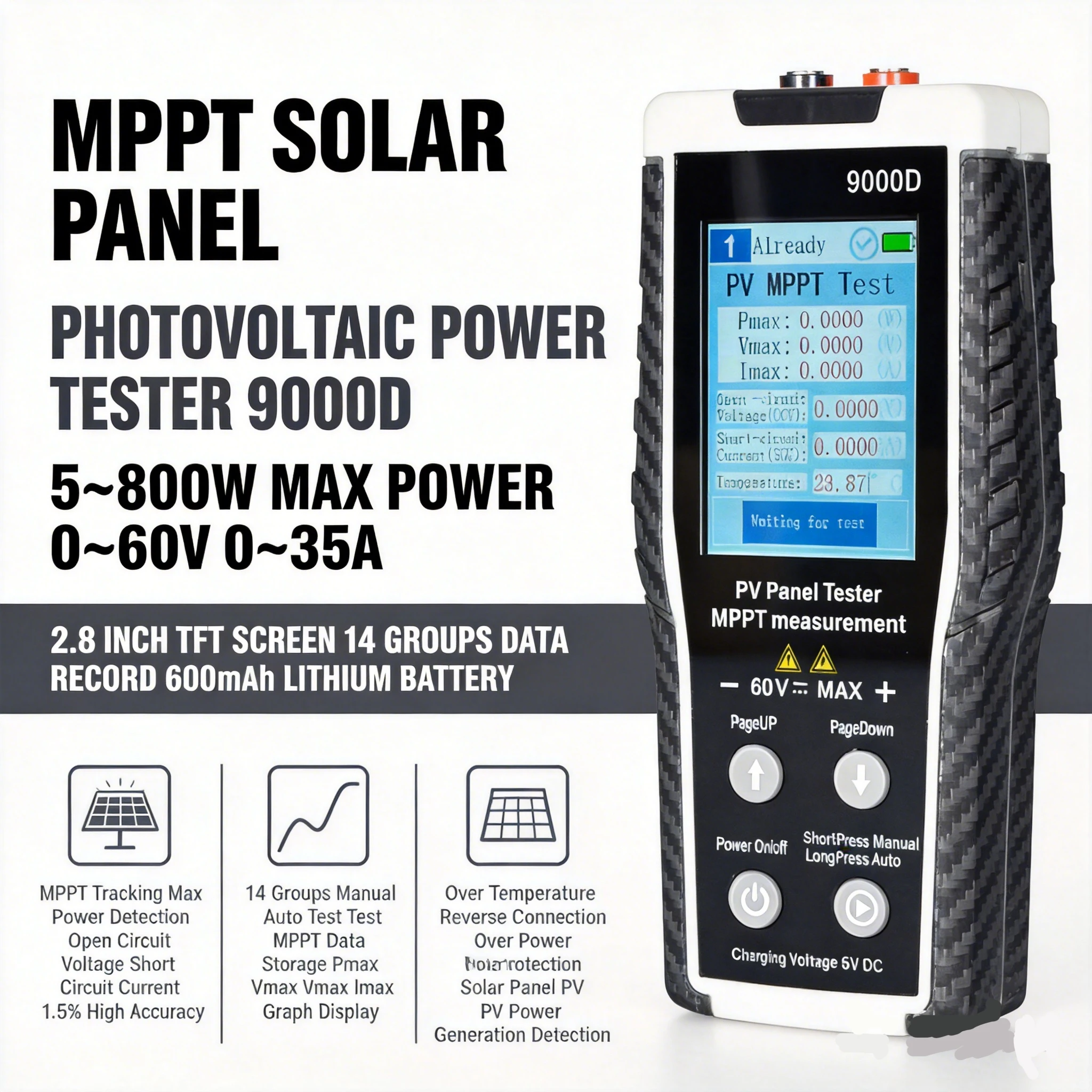 PV Photovoltaic Power Meter 800W MPPT Tracker, Solar Panel Tester, Volt Amp 60V 35A, Data Logger Holdpeak 9000D