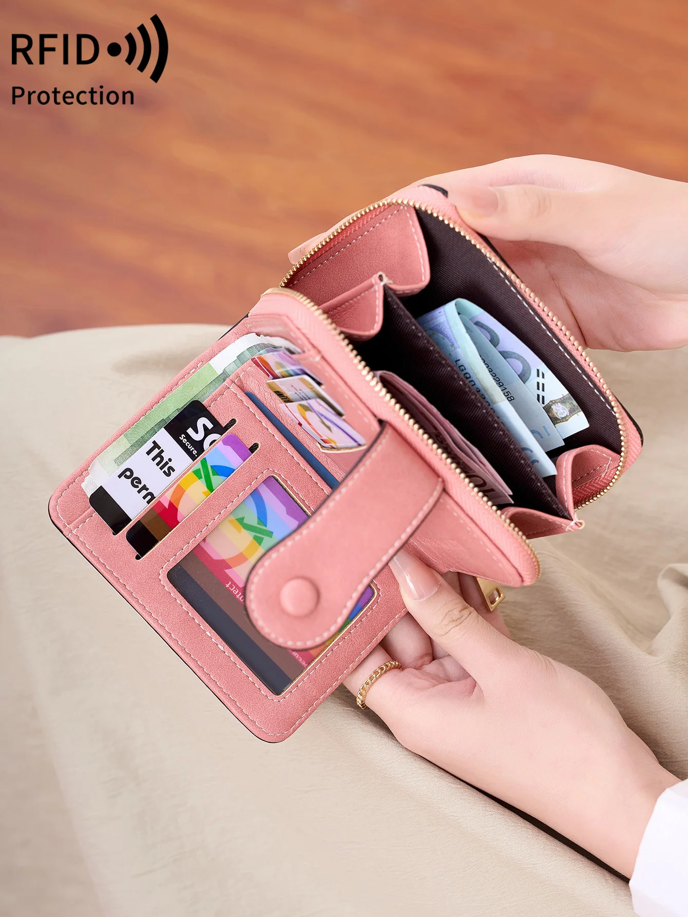 

Женский кошелек RFID, противоугонный, большой емкости, держатель для карт на молнии, модный двойной короткий кошелек, 100% кожаный клатч, кошелек для монет