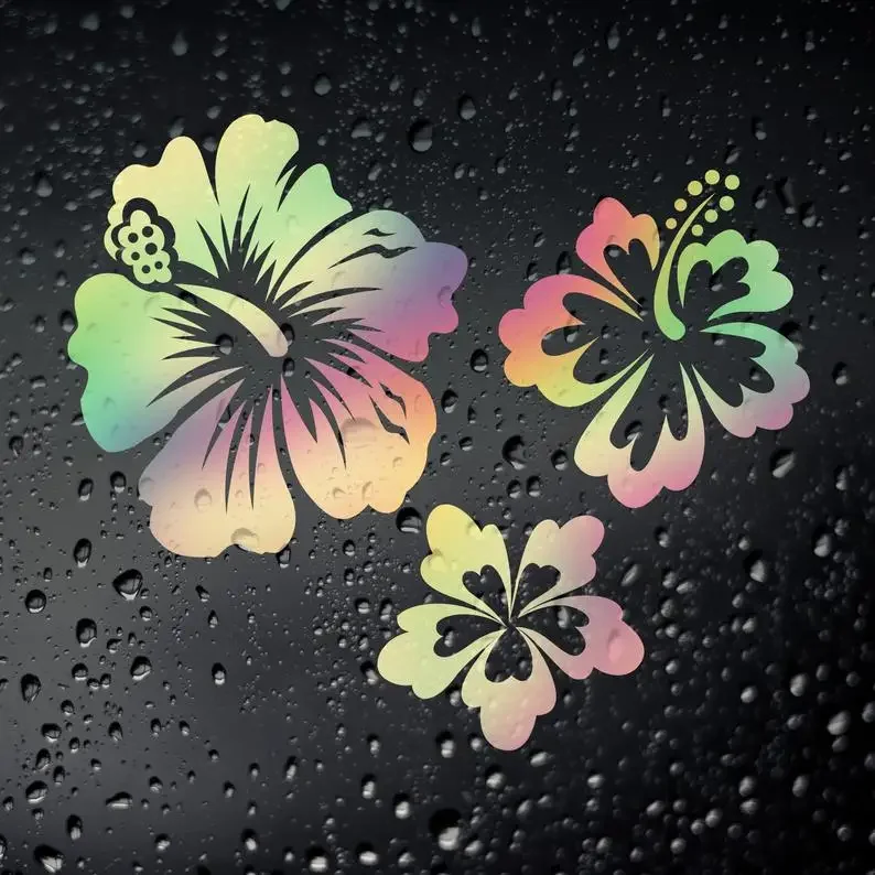 3x Hawaiian Lei Hibiscus Flowers Oil Slick Chrome Sticker - Campervan Surf Skate Hawaii Wakeboard Rat Look Cal