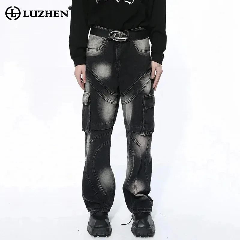 

LUZHEN Large Contrast Men's Patchwork Jeans Color Personalized Tie-dyed Pockets Male Denim Straight Pants Street New LZ5298