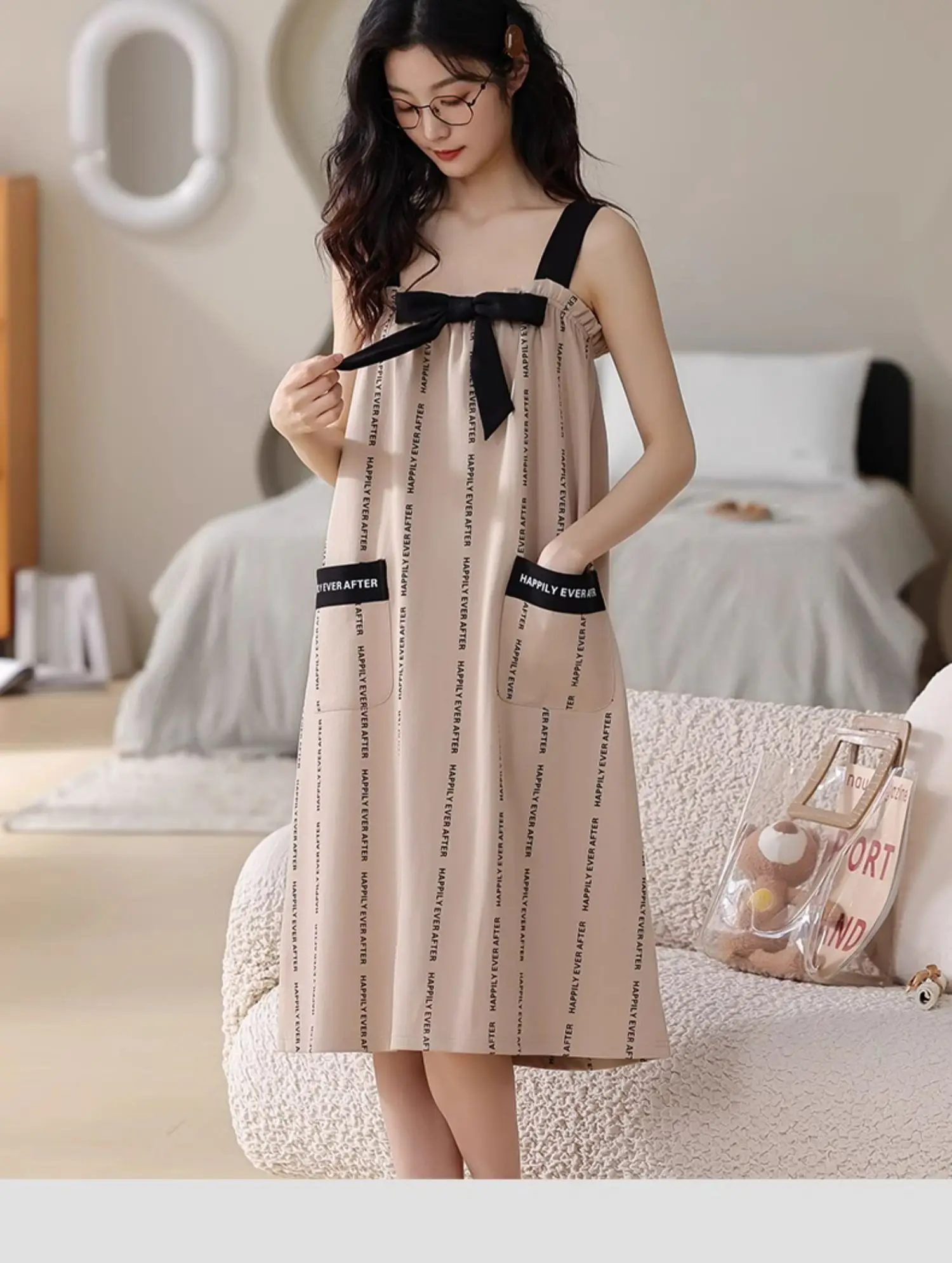 2025 Summer New Suspender Nightdress Women's Cotton Sexy Leisure  Loungewear Comfortable Thin Sweet Bow Simple Long Pajamas