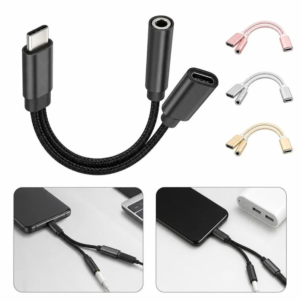 New 2 in 1 Type C Audio Adapter USB C to 3.5mm Male to Female USB C Headphone Jack Adapter Audio Converter Adapter