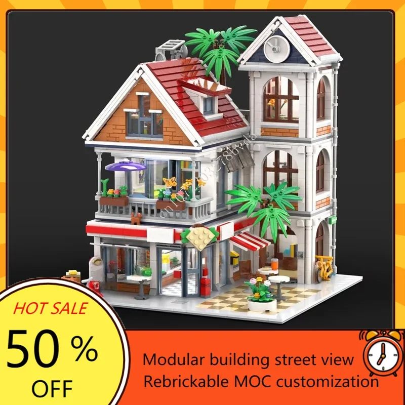 2903 Uds casa de ciudad con tienda Kebab Modular MOC vista de calle creativa modelo de bloques de construcción DIY modelo de ensamblaje educativo juguete para regalo