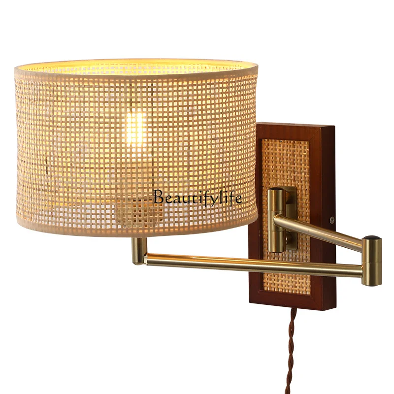 

Bedroom medieval woven retro wiring-free creative rocker arm without wiring with plug luminous object