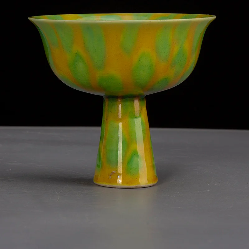 Monochrome glaze yellow-green glaze tiger-stripe glaze stem cup tea bowl drinking set Jingdezhen ceramic ornament