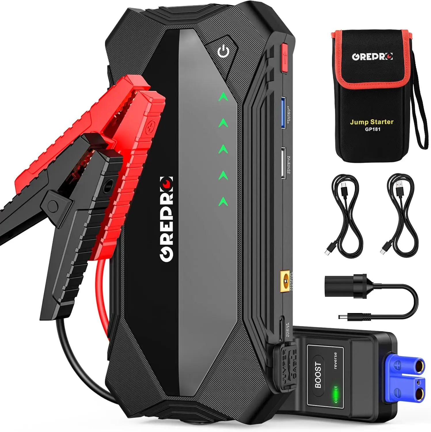 محرك Jump Starter للسيارة 12 فولت 3000 أمبير، محرك 10 لتر/8.0 لتر، مع ضوء LED وكابلات توصيل