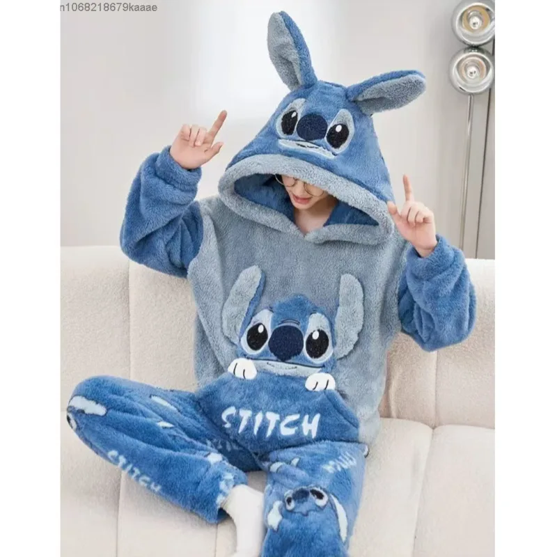 Disney Cartoon Stitch Couple Coral Fleece Pajamas Suit Cute Plush Pullover Top Pants 2 Piece Set Women Men Sleepwear Y2k Clothes