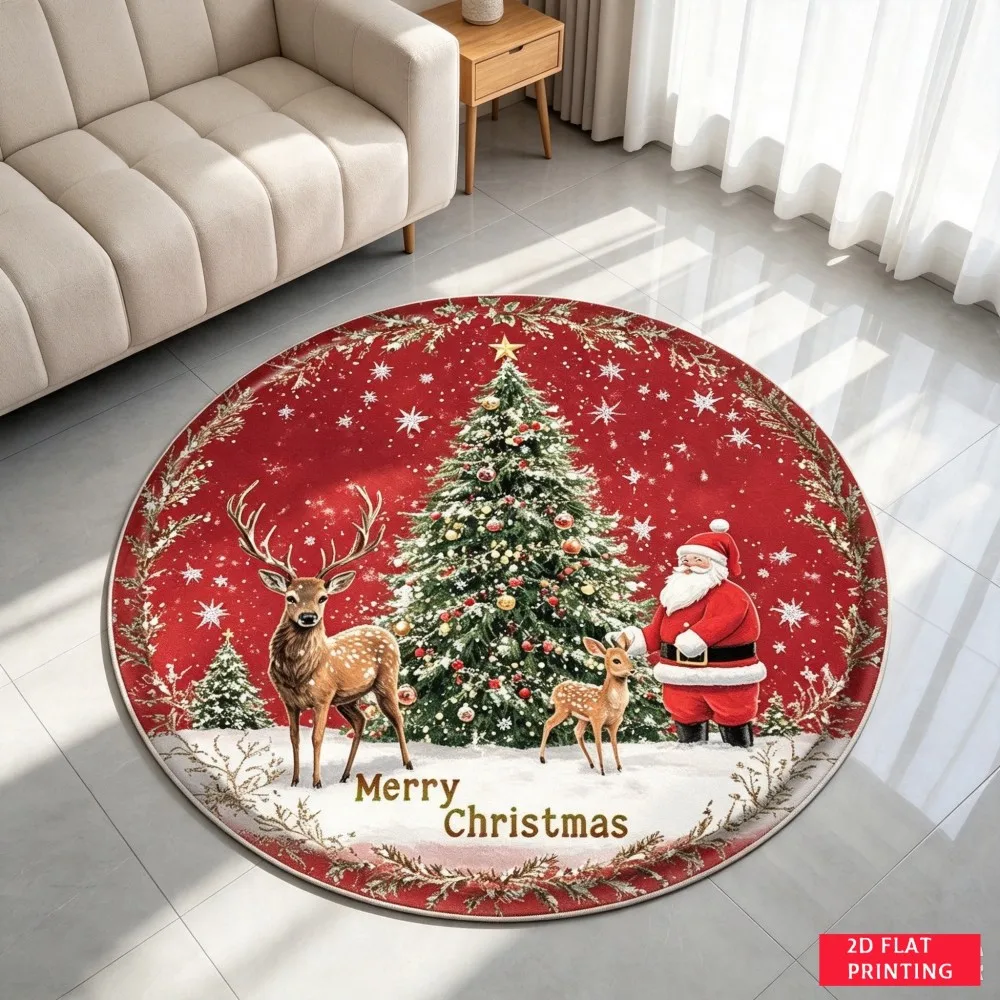 Merry Christmas Round Area Rug Santa Claus Deer Xmas Tree Snow Non Slip Floor Mat Circle Carpet for Living Room Bedroom Decor