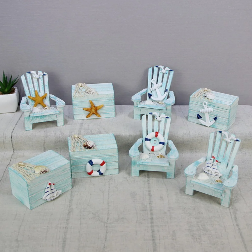 

1Set Wooden Box and Beach Chair Ornament Set Mediterranean Design Miniature Decor for Shelf Desk Landscape Garden Display