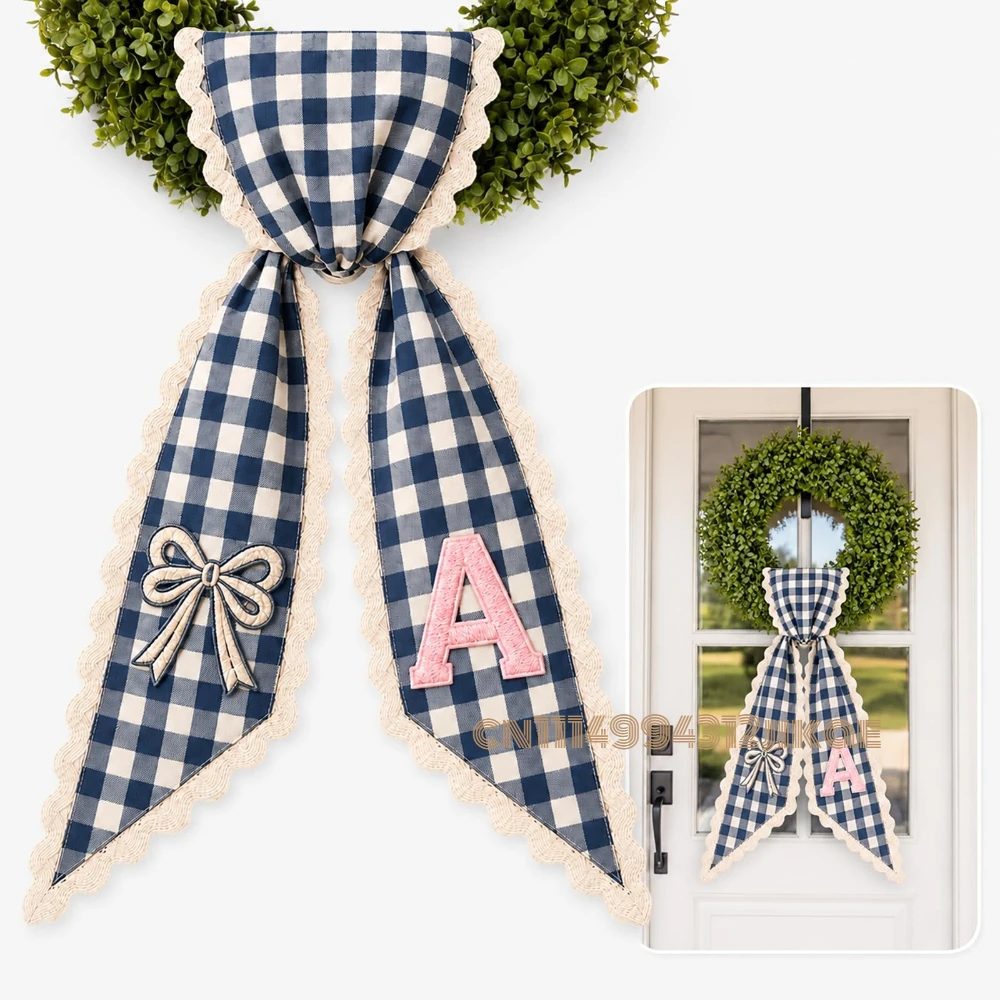 Custom Wreath Sash for Front Door, Monogram Embroidered Linen Ribbon,Gingham Wreath Sash, Personalized Wreath Sash Monogram