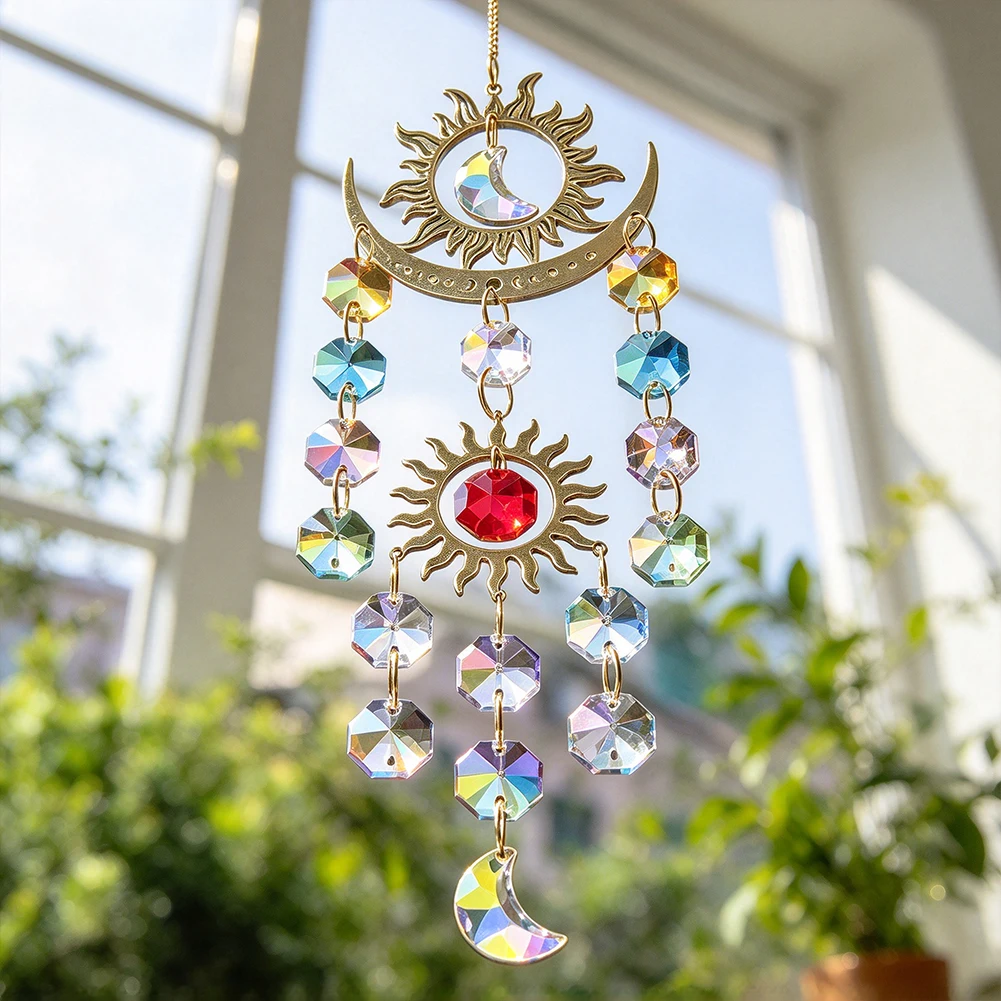 Brass Crystal Suncatcher Witchy Celestial Moon Hanging Faceted Prism Ball Rainbow Whimsical Window Garden Decor with Chain Hook
