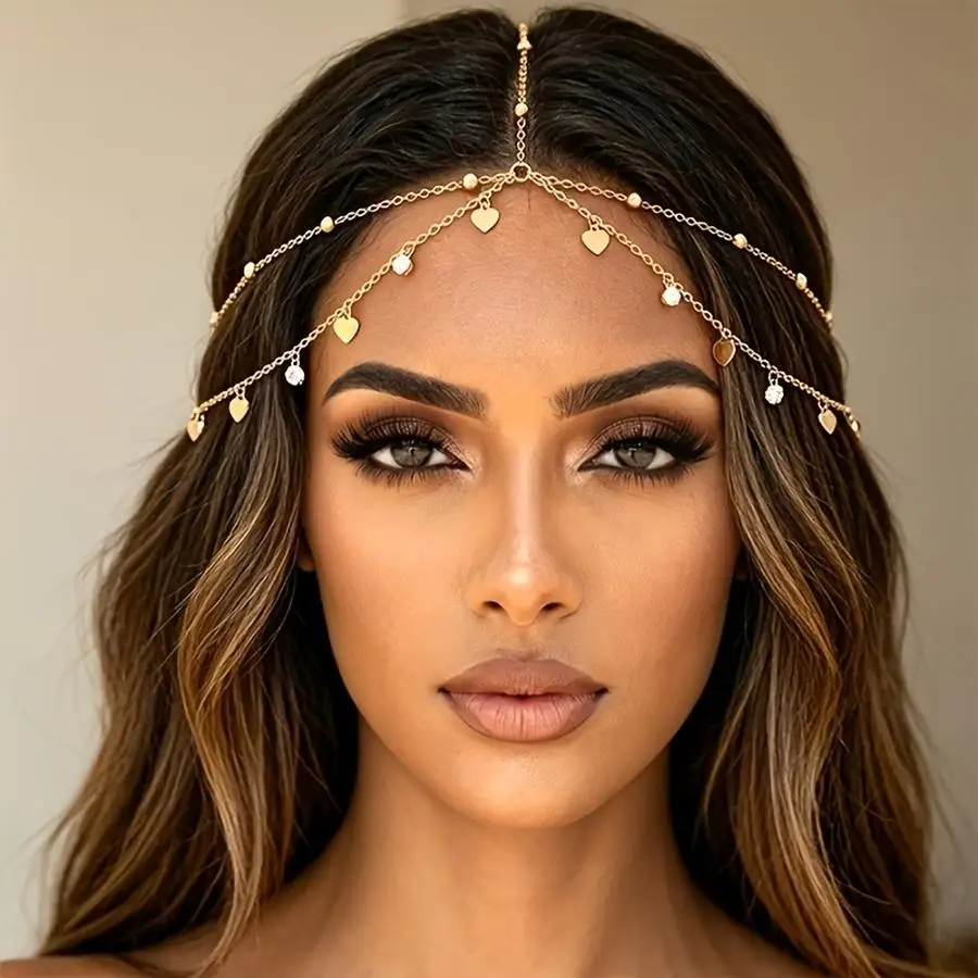 1/5/10/20/50/100pcs Women'S Fashion Bohemian Style Alloy Heart Rhinestone Tassel Head Chain, Vintage Versatile Hair Accessory, S
