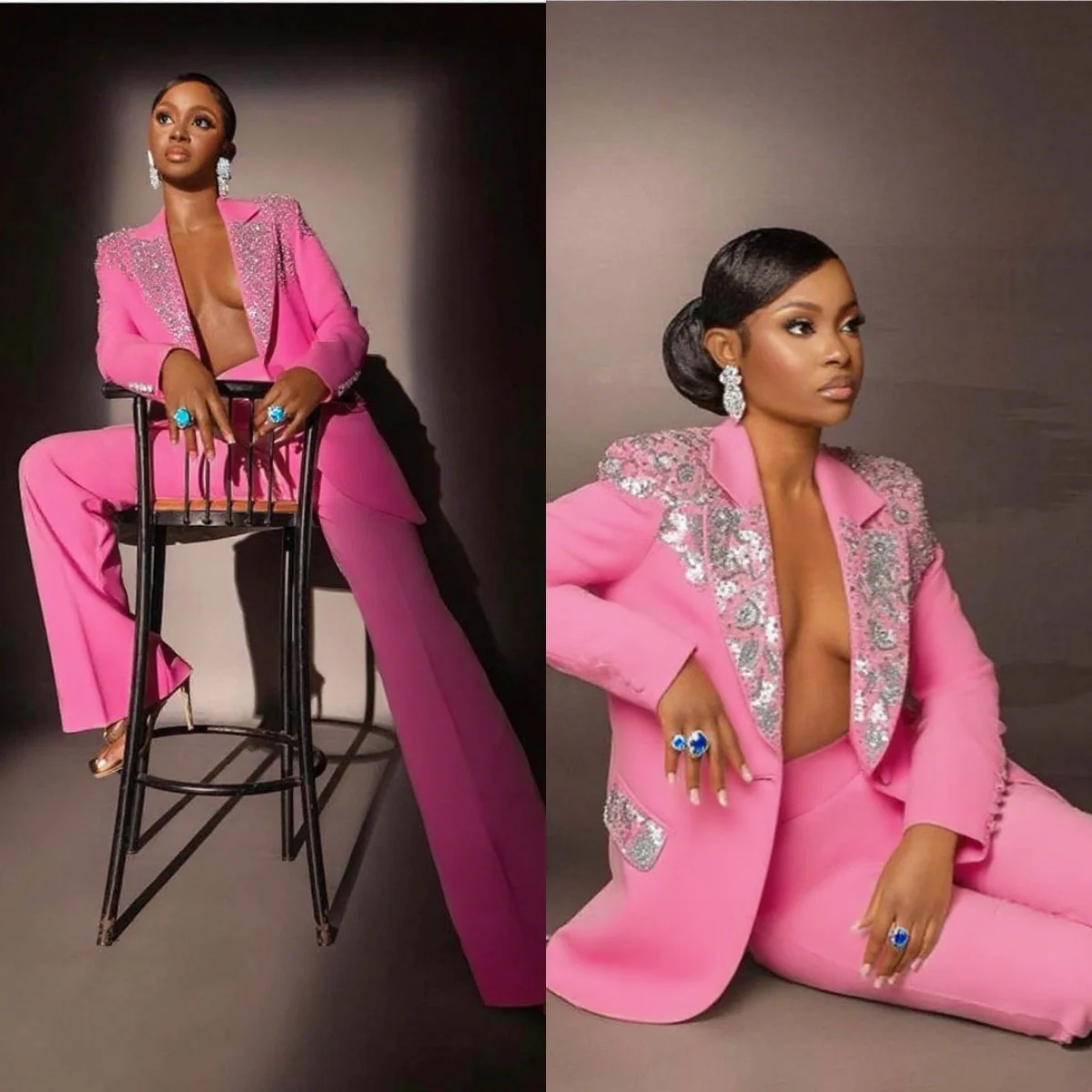 

Silver Appliques Women Pants Suits Wedding Blazer For Parties Wear Customized Jacket Blazer Set 2 Pieces