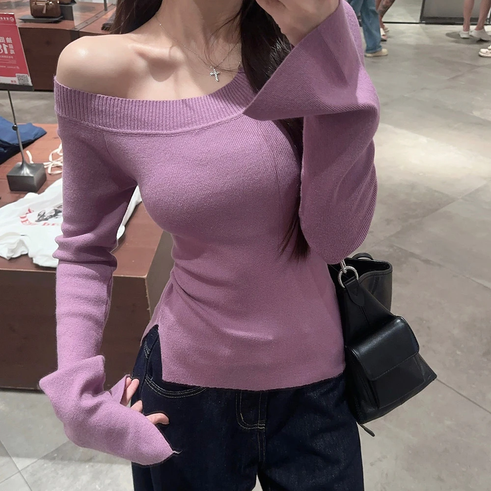 Slant Collar Off-shoulder Split Long-sleeved Knitted Sweater Women's Autumn New Korean Style Slim Bottoming Top