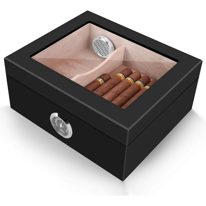 Cedar Wood Humidor Tabletop Box, Glass Top, Holds 25-50 Cigars Luxury Hygrometer and Humidifier