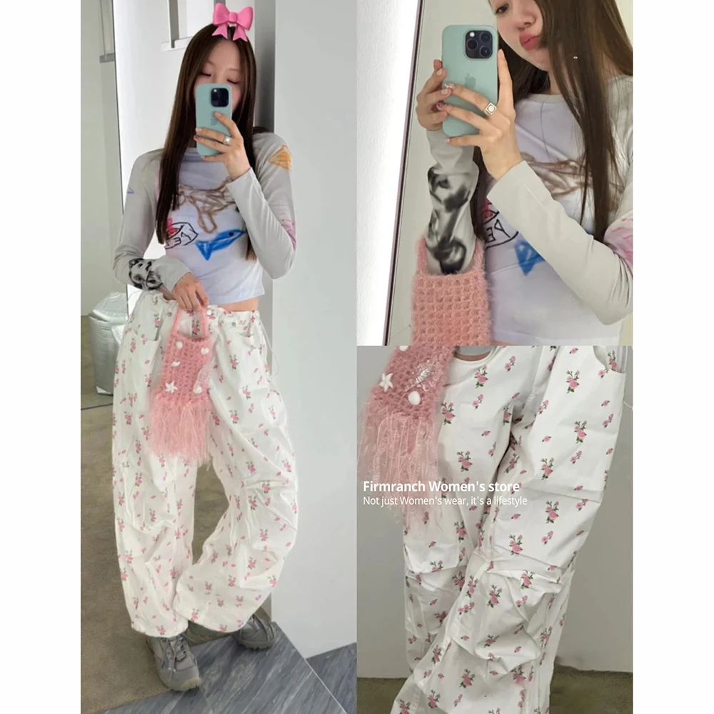 

Firmranch Korean Fashion Women's The Open Printed Elastic Long Sleeve T-shirts And Loose Flowers Design Cargo Pant Summer Spring