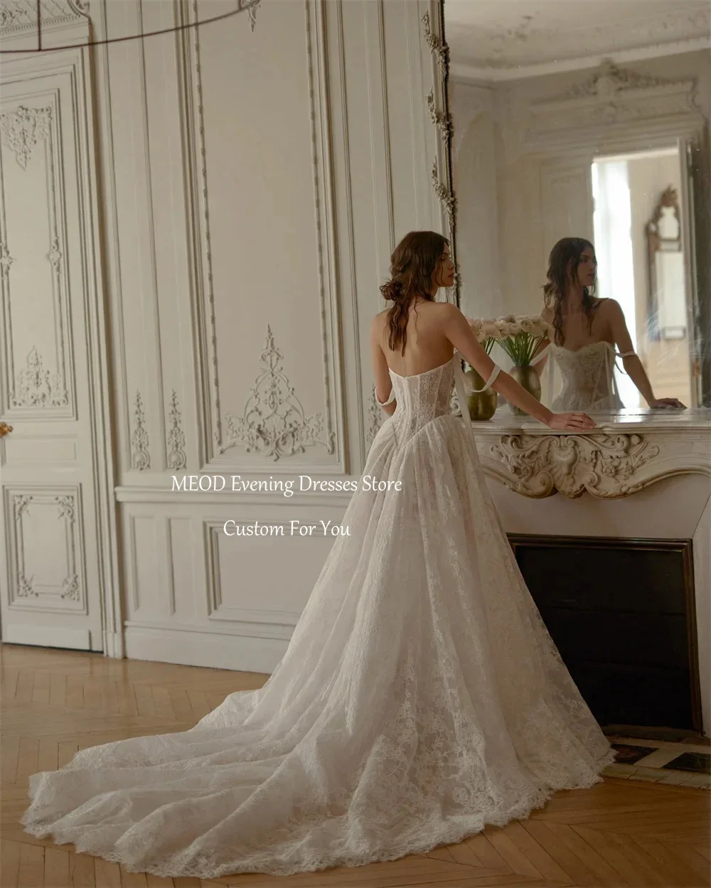 MEOD Strapless Long Train Wedding Dresses Lace Appliques Vestidos Novia Bohemio Off The Shoulder Backless Vestidos Customized