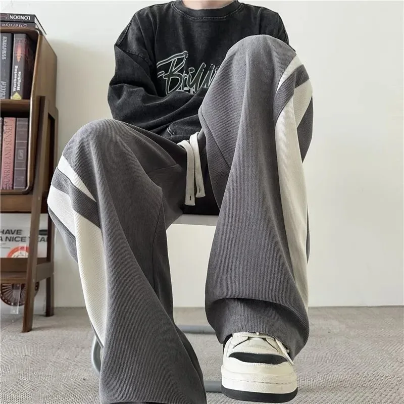 Men's Corduroy Wide-Leg Pants Color Block Drawstring Casual Trousers