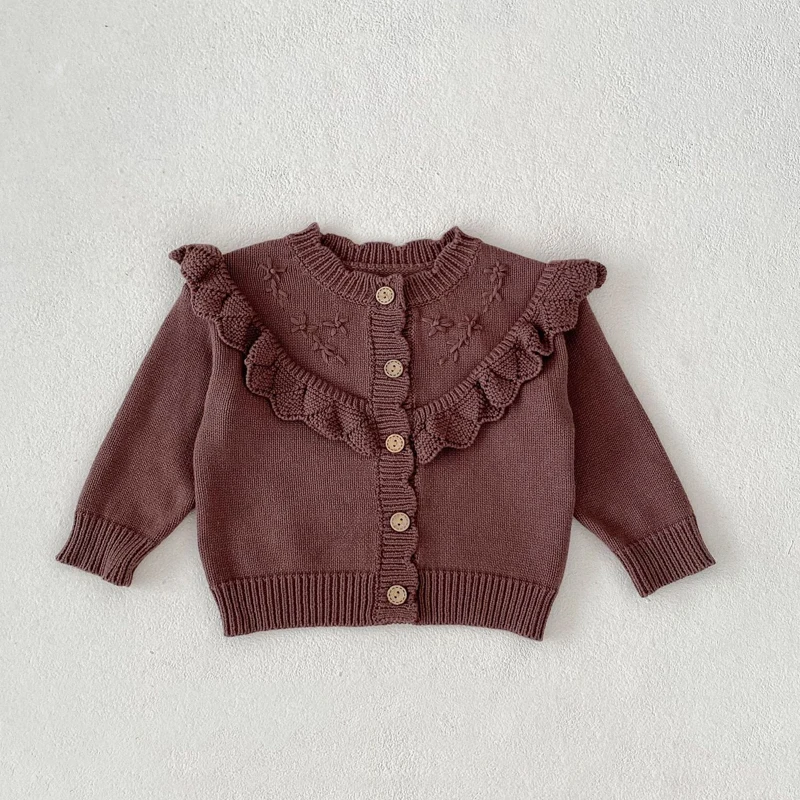 Autumn new 0-3 year old baby clothing for girls, hand embroidered ruffle edge knitted jacket, cotton yarn sweater cardigan