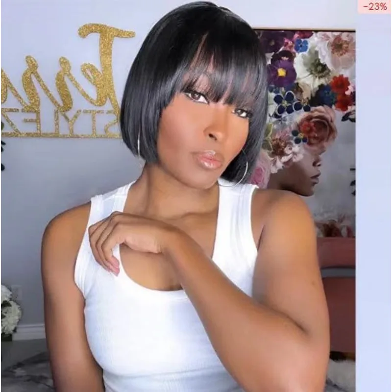 Straight Bangs Short Straight Woman Wig 8inch Button Mesh Chemical Fiber Filament Simulated Hair Festival Party Daily Wear Wigs
