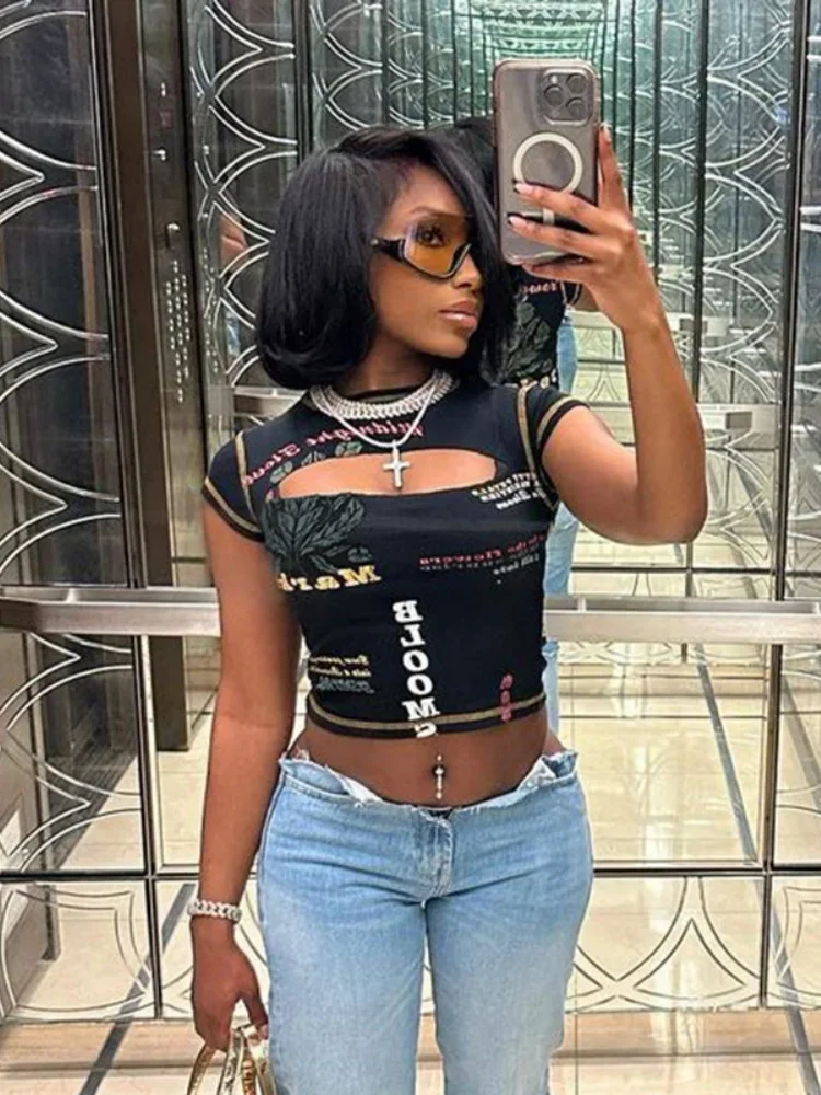 

Sexy Short Sleeve Y2k Accessories O-Neck Aesthetic Clothes Hollow Out Crop Top Women Letter Printed Roupas Femininas Estilosas