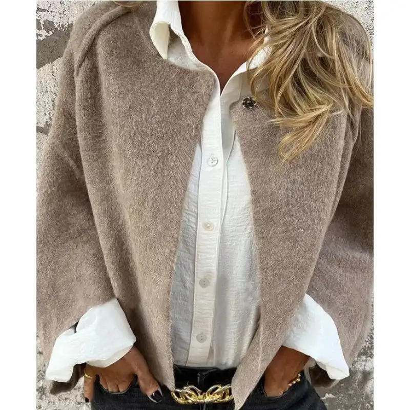 Women\'s Wool Blend Short Coat Autumn Winter Loose Long Sleeved Solid Color Jacket