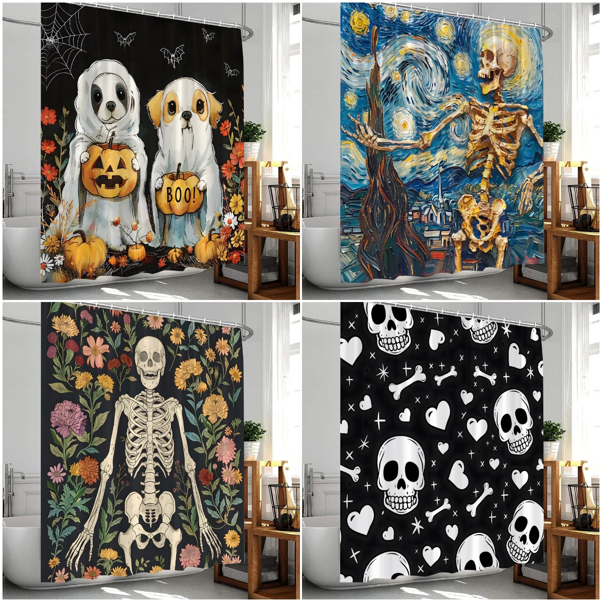 

Halloween Shower Curtain Dogs Funny Skeleton Pumpkin Lantern Modern Bathroom Decor Polyester Fabric Bath Curtain with Hooks