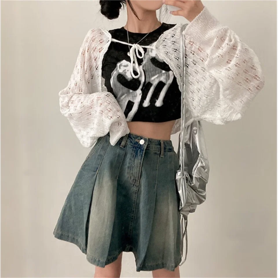 

Spring 2026 Long Sleeve Knitted Sweater Hollow out Heavy Work Thin Cardigan with Belt Knot Cover up Top for Women