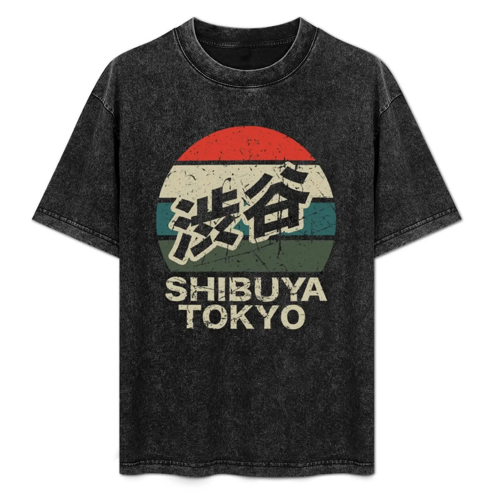 

Shibuya Tokyo Japan Kanji Character Distressed Retro Sunset T-Shirt Basic Casual Wear Short Sleeve Top